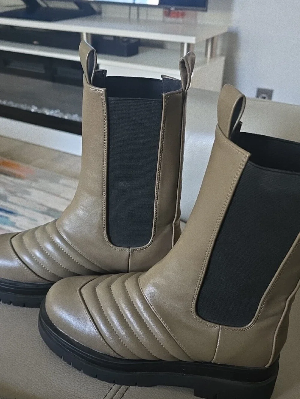 Ego Ayah Stitch Detail Mid Calf  Ankle Boots in Taupe